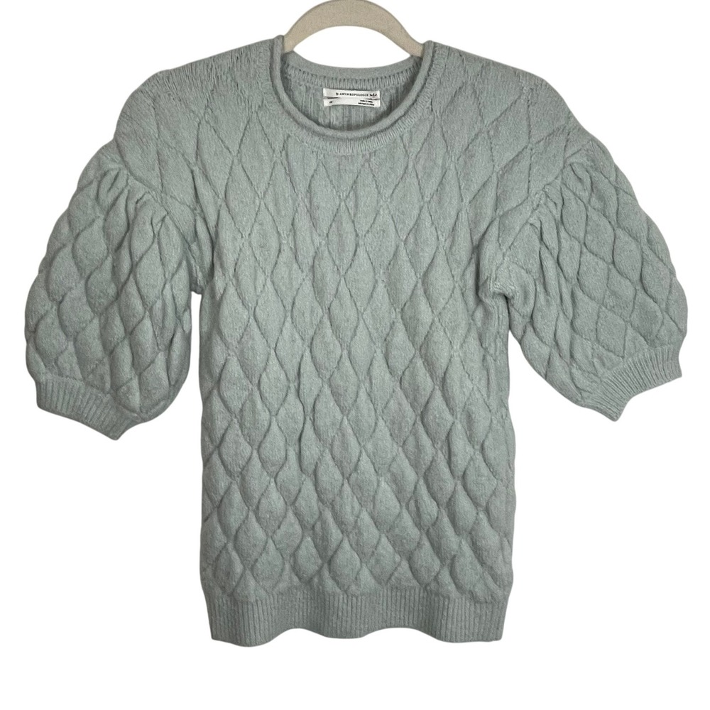 Anthropologie XS Bonnie Mint Green Ice Blue Puff Sleeve Textured Knit Sweater